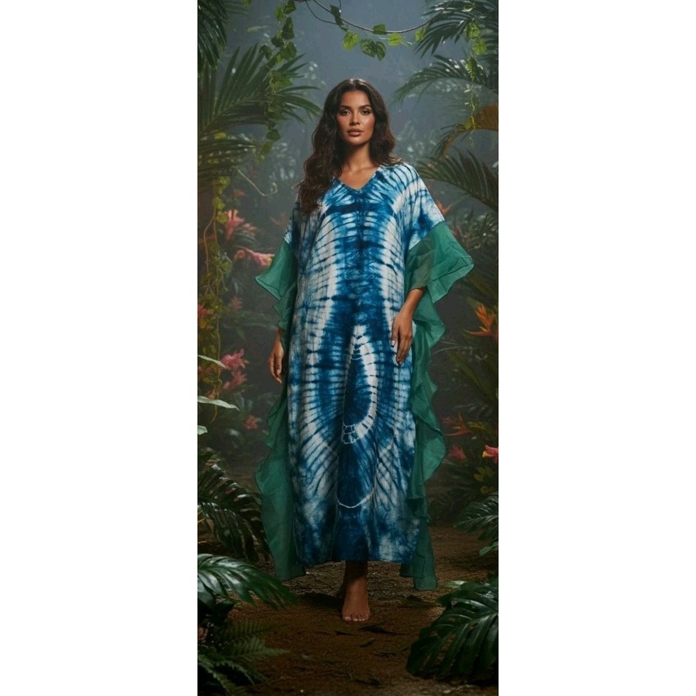 Kaftan Maxi Dress Mumu Loungewear Pullover Ruffle Tye Dye Ocean Blue Aqua Green